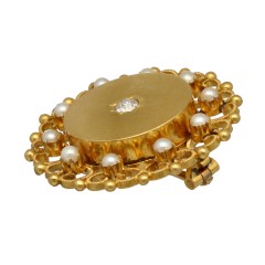 14 Krt vintage broche met Diamant en Parels