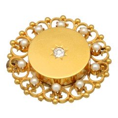 14 Krt vintage broche met Diamant en Parels