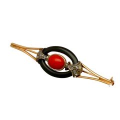 14 krt. Gouden Broche met Diamant-Bloedkoraal en Onix
