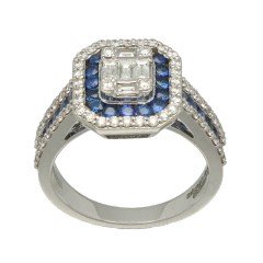 Witgouden entourage ring met Diamant en Saffier