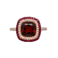 18Krt. Rosegouden ring gezet met Granaat, Robijn & Briljant