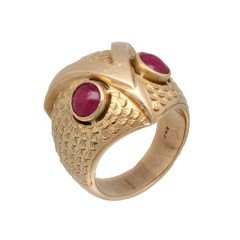 14 Krt.  Retro ring. Uil met robijnen ogen.