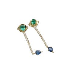 14 Krt Oorhangers Briljant, Smaragd & Saffier