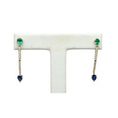 14 Krt Oorhangers Briljant, Smaragd & Saffier