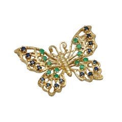 14 Krt Vlinderbroche Smaragd/Saffier