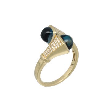 14 Krt Ring met Diamant en LondonBlue Topaas.