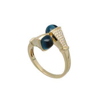 14 Krt Ring met Diamant en LondonBlue Topaas.