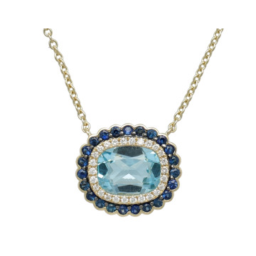 14 Krt Collier met Diamant,Saffier en Topaas.