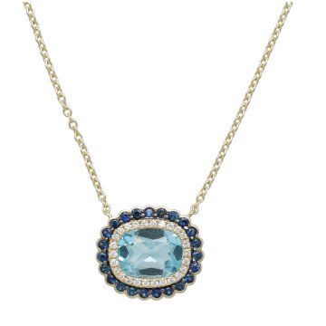 14 Krt Collier met Diamant,Saffier en Topaas.