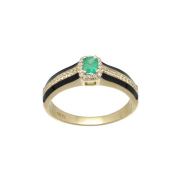 Geelgouden Ring met Diamant/Smaragd en Emaille.