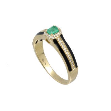 Geelgouden Ring met Diamant/Smaragd en Emaille.