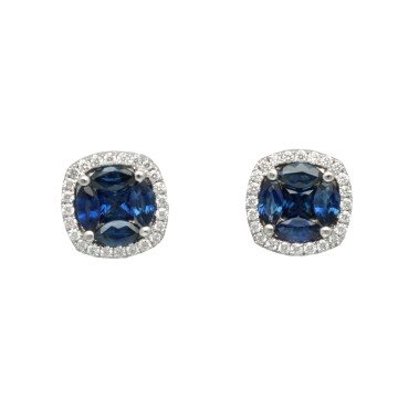 Witgouden Oorknoppen met Diamant en Blauwe Saffier.