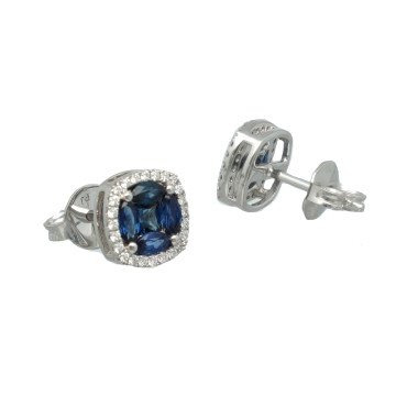 Witgouden Oorknoppen met Diamant en Blauwe Saffier.