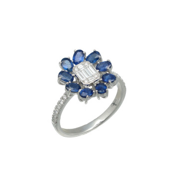 Witgouden Rozet Ring met Brillant en Blauwe Saffier.