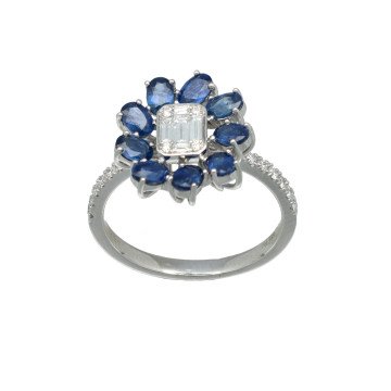 Witgouden Rozet Ring met Brillant en Blauwe Saffier.