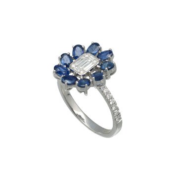 Witgouden Rozet Ring met Brillant en Blauwe Saffier.