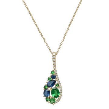 14 Krt Collier met Diamant, Saffier en Groene Granaat.
