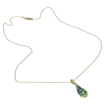 14 Krt Collier met Diamant, Saffier en Groene Granaat.