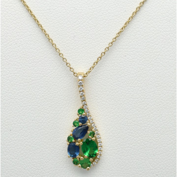 14 Krt Collier met Diamant, Saffier en Groene Granaat.