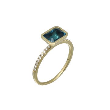 14 Krt Ring met Diamant en London Blue Topaas.