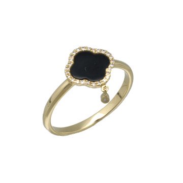 14 Krt Klaver Ring met Briljant en Onyx