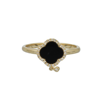 14 Krt Klaver Ring met Briljant en Onyx