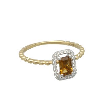14 Krt Ring met Diamant en Cognac Quartz.