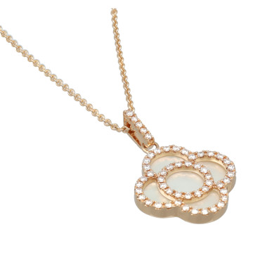 14 Krt rosé Goud Collier, klaver met Diamant en Parelmoer.