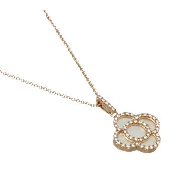 14 Krt rosé Goud Collier, klaver met Diamant en Parelmoer.