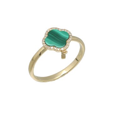 Malachiet ring met diamant in 14 Krt goud.