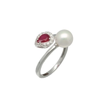 Witgouden Slagring bezet met Robijn, Parel en Briljant 