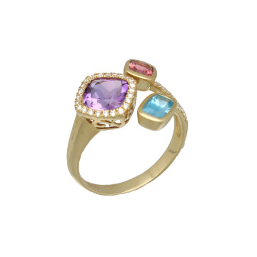 14 Krt Ring bezet met Diamant, Topaas, Amethist en Toermalijn