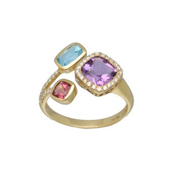 14 Krt Ring bezet met Diamant, Topaas, Amethist en Toermalijn