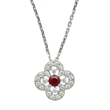 18 Krt Witgouden collier met Diamant en Robijn