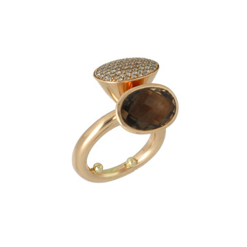Al Coro Rose Gouden Ring met Diamant en Rookkwarts