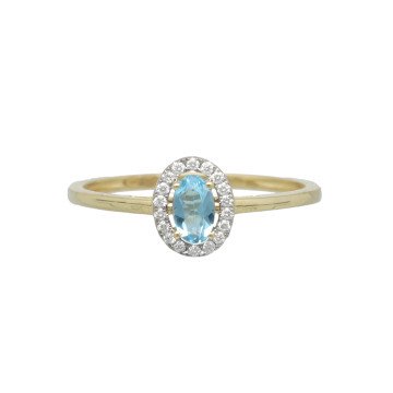 Geelgouden ring met blauwe topaas en diamant
