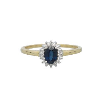 Geelgouden Rozetring met Diamant en Saffier