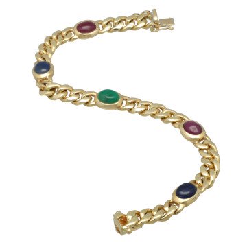 Geelgouden Gourmet armband met Saffier-Smaragd en Robijn