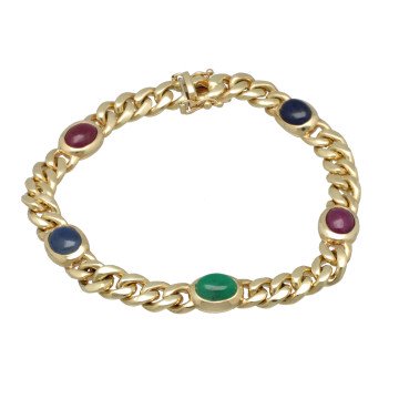 Geelgouden Gourmet armband met Saffier-Smaragd en Robijn