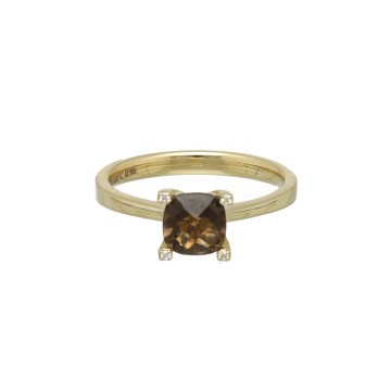 Geelgouden ring met rooktopaas en diamant.
