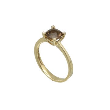 Geelgouden ring met rooktopaas en diamant.