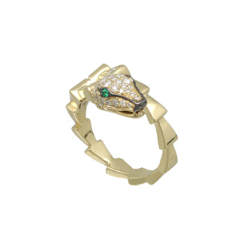 Geelgouden ring serpenti met diamant-smaragd