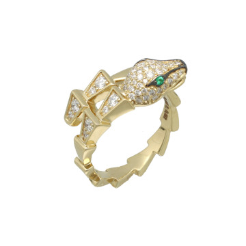 Geelgouden ring serpenti met diamant-smaragd