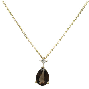 geelgouden collier met Diamant en Rook Quartz