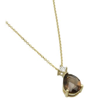 geelgouden collier met Diamant en Rook Quartz