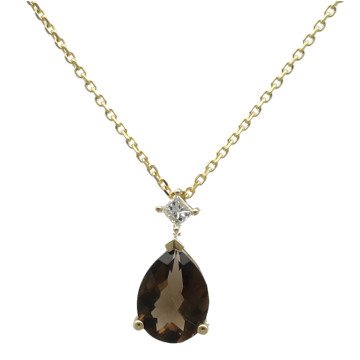 geelgouden collier met Diamant en Rook Quartz