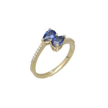geelgouden ring met diamant en blauwe saffier
