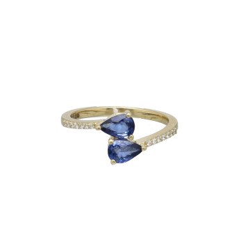 geelgouden ring met diamant en blauwe saffier