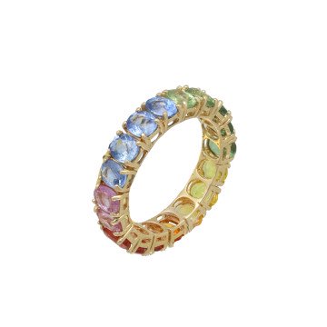 Geelgouden eternity ring gekleurde saffieren
