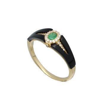Geelgouden Art deco ring met smaragd briljant & Onix